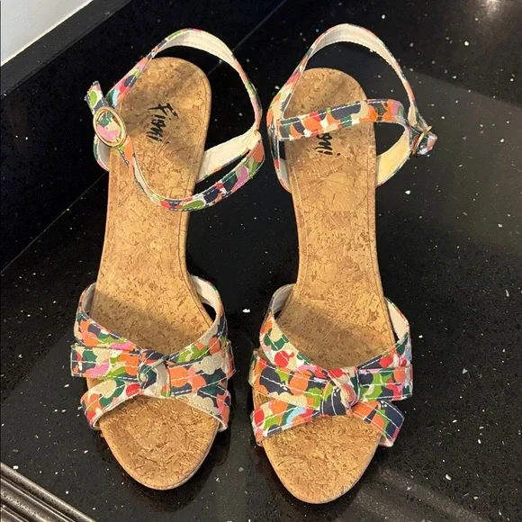 Fiomi Shabby Chic BOHO Floral Abstract Fabric Cork High Heel Stiletto Sandals - Picture 3 of 12